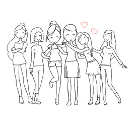 Beautiful happy hugging girls stand together on white background. Vector illustration of group of young girls.