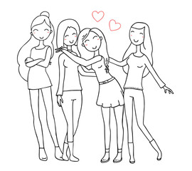 Vector illustration of group of beautiful happy girls. Hugging posing young girls on white background.