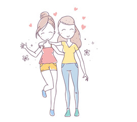 Vector illustration of beautiful happy hugging two girls with hearts and flowers.