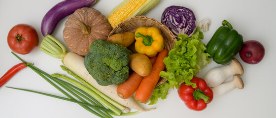 Assorted fresh farm vegetables on white kitchen table, Healthy organic food concept