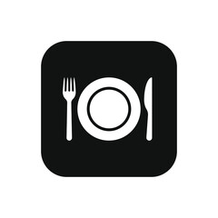 Fork knife and plate icon logo. Simple flat shape restaurant or cafe place sign. Kitchen and diner menu symbol. Vector illustration image. Black silhouette isolated on white background.