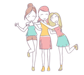 Vector illustration of beautiful happy hugging three girls on white background.