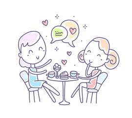 Vector illustration of happy talking women. Girlfriends gossip sitting in a cafe.