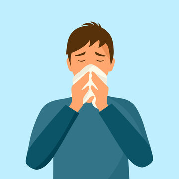 Sneezing man concept vector illustration on white background. A man in dark blue t-shirt sneezing in handkerchief. Sick man sneeze. Season allergy. Covid-19 coronavirus pandemic influenza infection.