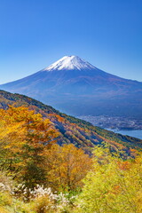 富士山と紅葉、山梨県南都留郡富士河口湖町御坂峠にて