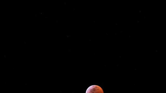 Amazing Red moon crossing the sky through telephoto lens telescope (Super Wolf Blood Moon 2019)