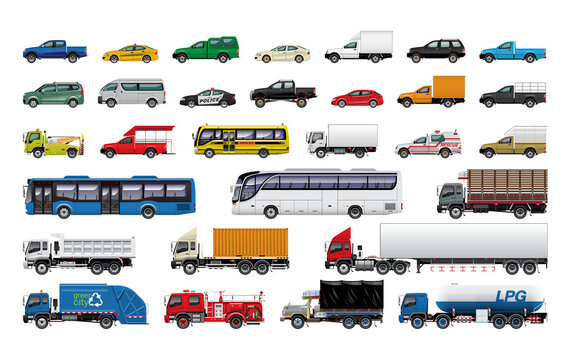 VECTOR EPS10 - various types of vehicles, car, pickup truck, van, bus, truck, trailer, side view isolated on white background.