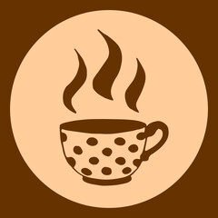 Beige brown polka dot cup with abstract coffee grains. Hand drawn simple kitchen supplies. Vector illustration