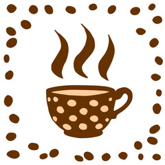 Beige brown polka dot cup with abstract coffee grains. Hand drawn simple kitchen supplies. Vector illustration