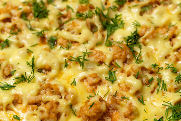 Delicious beautifully cooked lasagna sprinkled with green dill close up