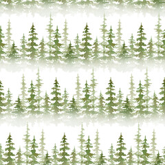 Watercolor seamless pattern with Blue foggy forest. Evergreen fir trees. Hand drawn background with landscape. Natural, ecological, tourism and hiking theme