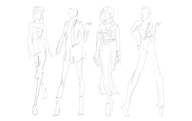 Beautiful young women in modern style.. Hand drawn stylish woman portrait. Fashion lady. Festive outfit. Sketch. Fashion model posing in dress. Hand drawn fashion woman.