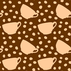 Seamless pattern with cups and grains of coffee. Hand drawn simple kitchen supplies. Vector illustrations on white background. Perfect for packaging, home decoration, kitchen textiles, menu, cafe