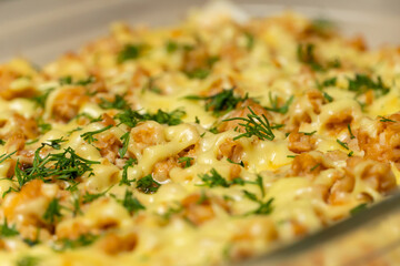 Delicious beautifully cooked lasagna sprinkled with green dill close up