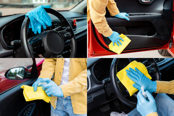 collage with man in latex gloves using antiseptic and rag for car interior disinfection during covid-19 pandemic