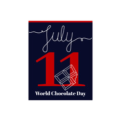 Calendar sheet, vector illustration on the theme of World Chocolate Day in Argentina on June 11. Decorated with a handwritten inscription JULY and linear a piece of chocolate.