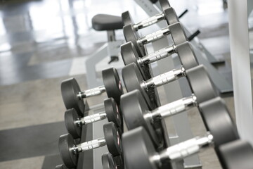 Rows of dumbbells in the gym