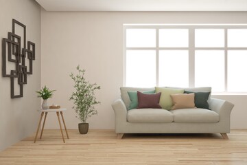 White living room with sofa. Scandinavian interior design. 3D illustration