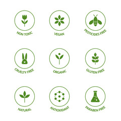 Organic product line icons set. Allergen free badges. Organic cosmetic stickers. GMO free emblems. Dietary food. Natural products. Healthy eating. Vegan, bio food. Vector illustration