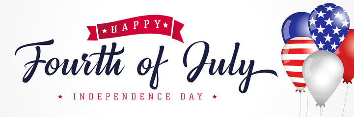 Happy Fourth of July, Independence Day USA calligraphy banner with flag in balloons. United States of America 4th of July text on colored balloons, sale vector Illustration