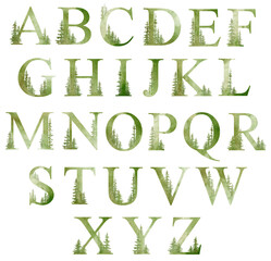 Watercolor alphabet in green colors with forest trees. Evergreen fir, oak letter. Nature floral text elements for decoration, cards, invitation © Kate K.