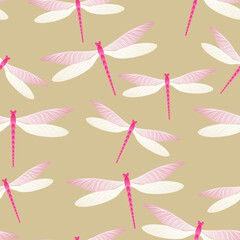 Dragonfly minimal seamless pattern. Repeating clothes textile print with damselfly insects. Garden 