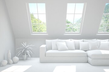 White minimalist living room with sofa. Scandinavian interior design. 3D illustration