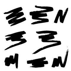 Set of 12 seamless texture. Drops, points, lines, stripes, circles, squares, rectangles. Abstract forms drawn a wide pen and ink. Backgrounds in black and white. Hand drawn. Vector illustration.