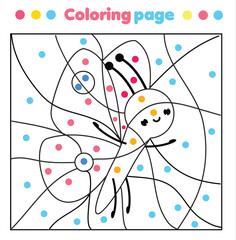 Butterfly coloring page. Color by dots, printable activity. Worksheet for toddlers and pre school age. Children educational game