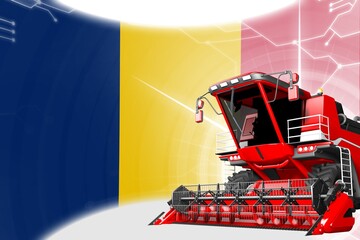 Obraz na płótnie Canvas Agriculture innovation concept, red advanced farm combine harvester on Chad flag - digital industrial 3D illustration