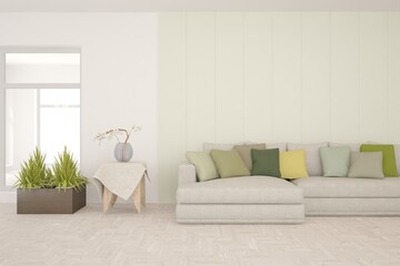 White living room with sofa. Scandinavian interior design. 3D illustration