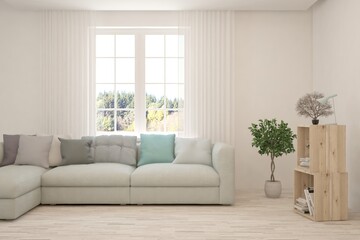 White living room with sofa. Scandinavian interior design. 3D illustration