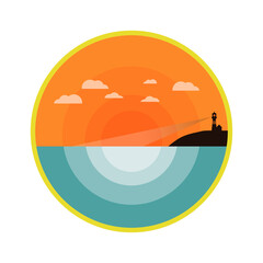 Vector Illustration of an Ocean Sunset View with Lighthouse