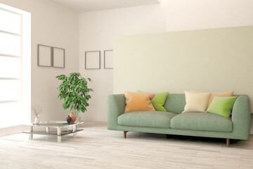 White living room with sofa. Scandinavian interior design. 3D illustration