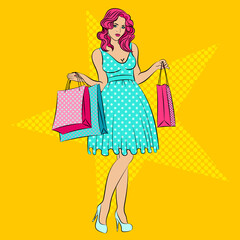 Old fashioned lady with the bags in vintage style. Pin up girl. Special offer advertising poster with Pop Art woman on it. Star. Illustration vector