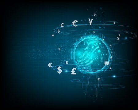 Abstract financial network technology and currency exchange on a blue background