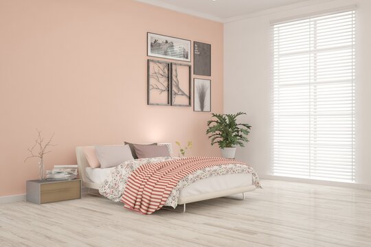 Pink bedroom interior. Scandinavian design. 3D illustration