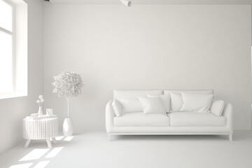White minimalist living room with sofa. Scandinavian interior design. 3D illustration