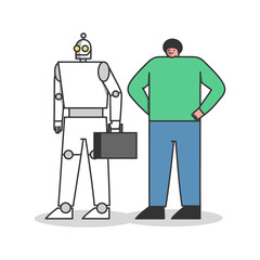 Human vs robot worker. Professional stand with robotic competitor. Career or artificial intelligence