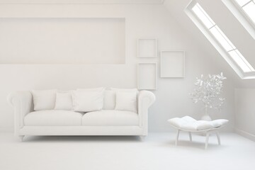 White minimalist living room with sofa. Scandinavian interior design. 3D illustration