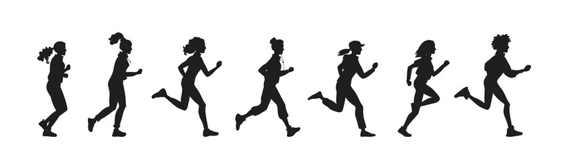 Naklejka na ściany i meble Vector illustration black silhouette beautiful athletic girls of various nationalities run and jog in white background.