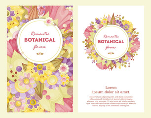 Delicate pastel flowers pink, yellow, purple. Templates can be used as floral frames for invitations, cards, stickers, discount cards, sales, for printing on paper and fabric.