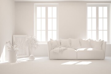 White minimalist living room with sofa. Scandinavian interior design. 3D illustration