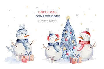 Watercolor merry christmas character penguin illustration. Winter cartoon isolated cute funny animal design card. Snow holiday season xmas penguins.