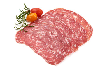 Spanish salchichon, jerked salami sausage, isolated on white background