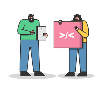 Team of web designers coding new website or application project. Cartoons hold programming symbols