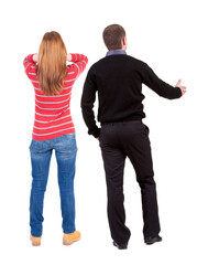 Obraz premium Back view couple in sweater. beautiful man and woman.