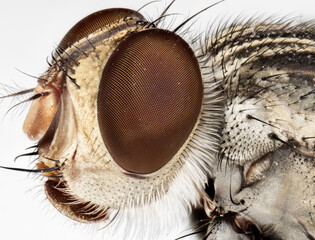 Macro Photo of Head of Housefly Isolated on White Background