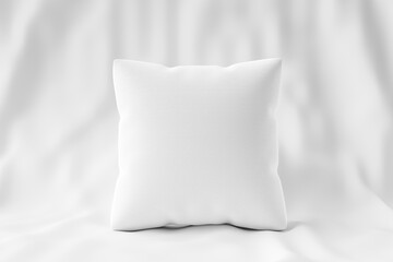 White pillow and square shape on fabric background with blank template. Pillow mockup for design. 3D rendering.