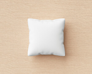 White pillow and square shape on wood floor background with blank template. Pillow mockup for design. 3D rendering.